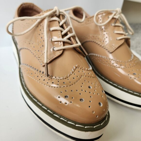 Dadawen Women's Tan Apricot Patent Oxford Platform Wingtip Brogues Casual Retro - Picture 4 of 11